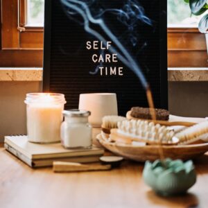 Letter board text Self Care Time, aroma sticks, body and self-care handmade cosmetics and natural organic beauty product.