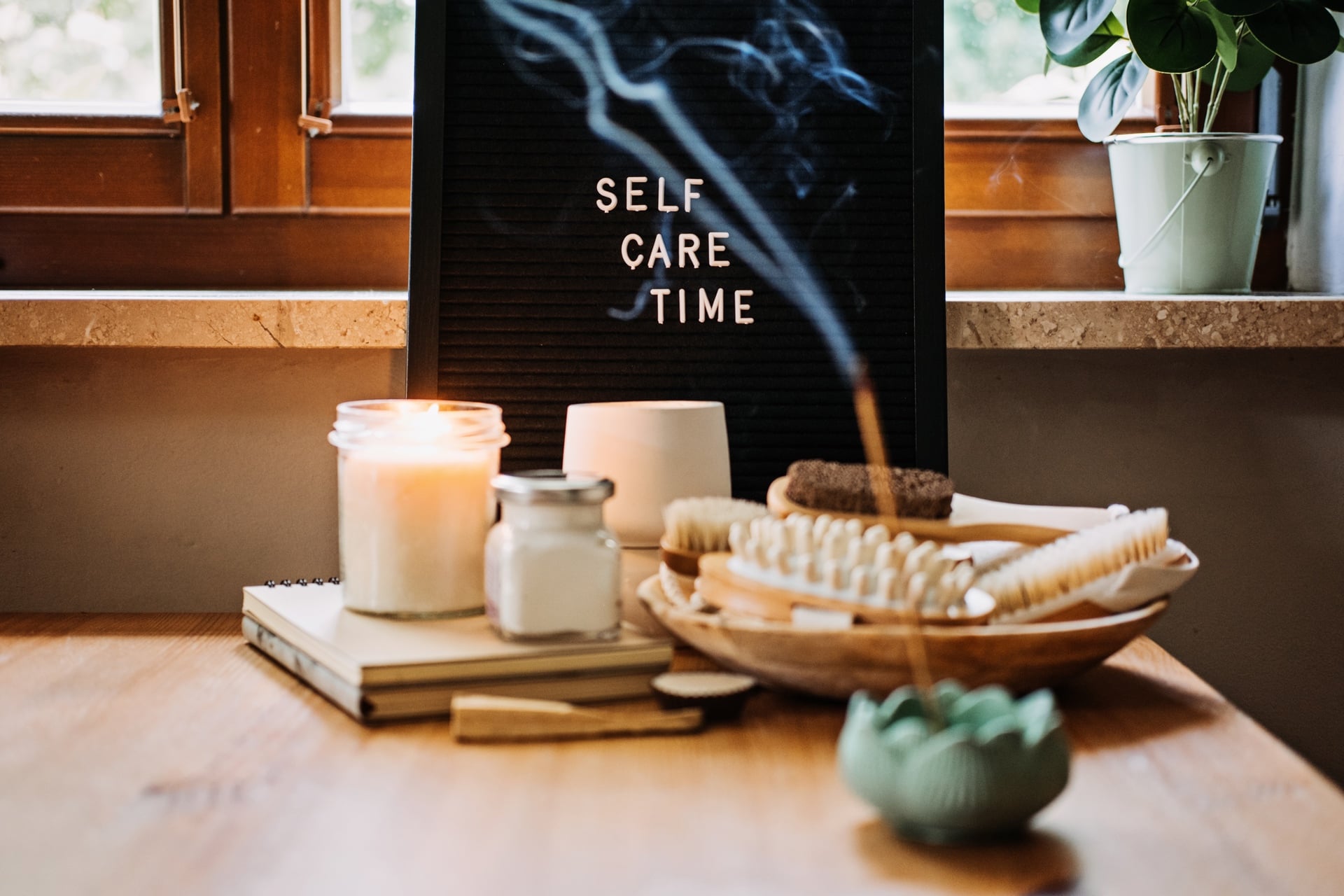 Letter board text Self Care Time, aroma sticks, body and self-care handmade cosmetics and natural organic beauty product.